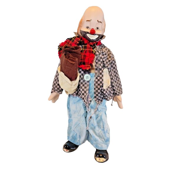 Vintage 80s 16" Porcelain Clown Happiness Hobo Clown-Flaw - Picture 1 of 14
